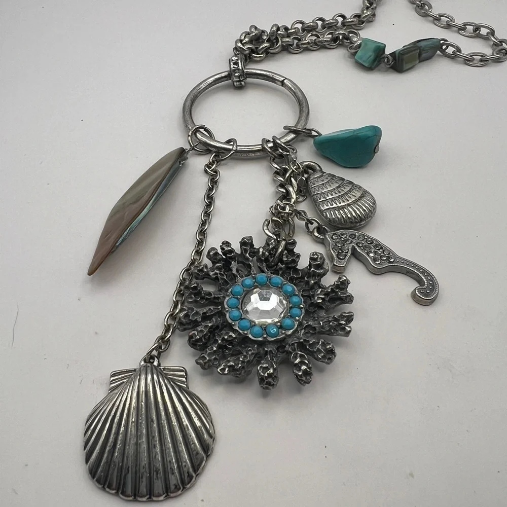 Chico's seahorse, jadeite, seashell long pendant silver tone necklace